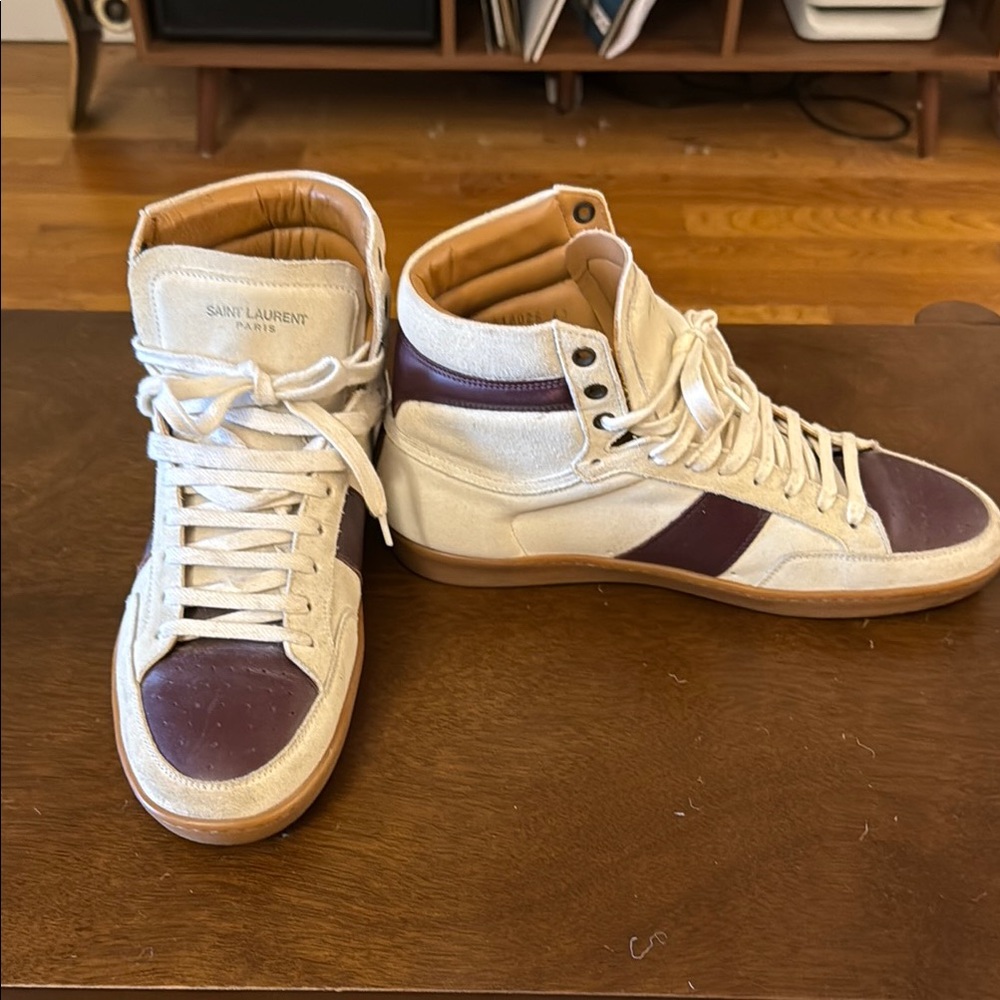 Yves Saint Lauren Maroon and Cream High-Top Sneakers